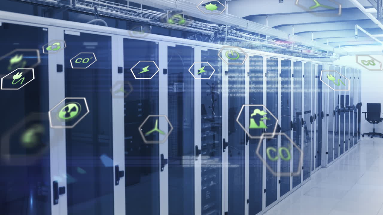 animación de múltiples iconos y lenguaje informático con llamaradas de lente sobre la sala del servidor