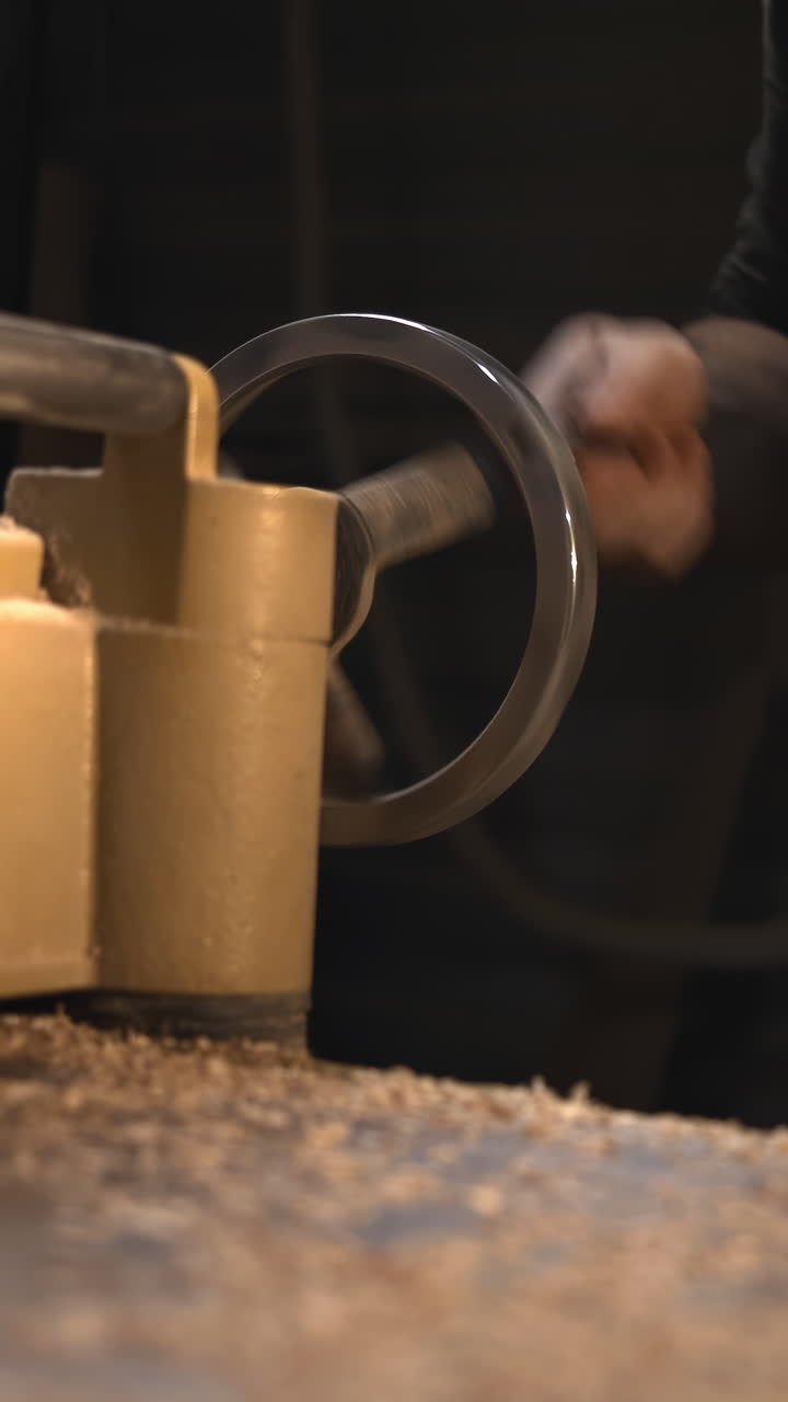 Primo piano mano su volantino piallatrice, macchina industriale gialla, trucioli sparsi sul tavolo, tecnico che regola. Media