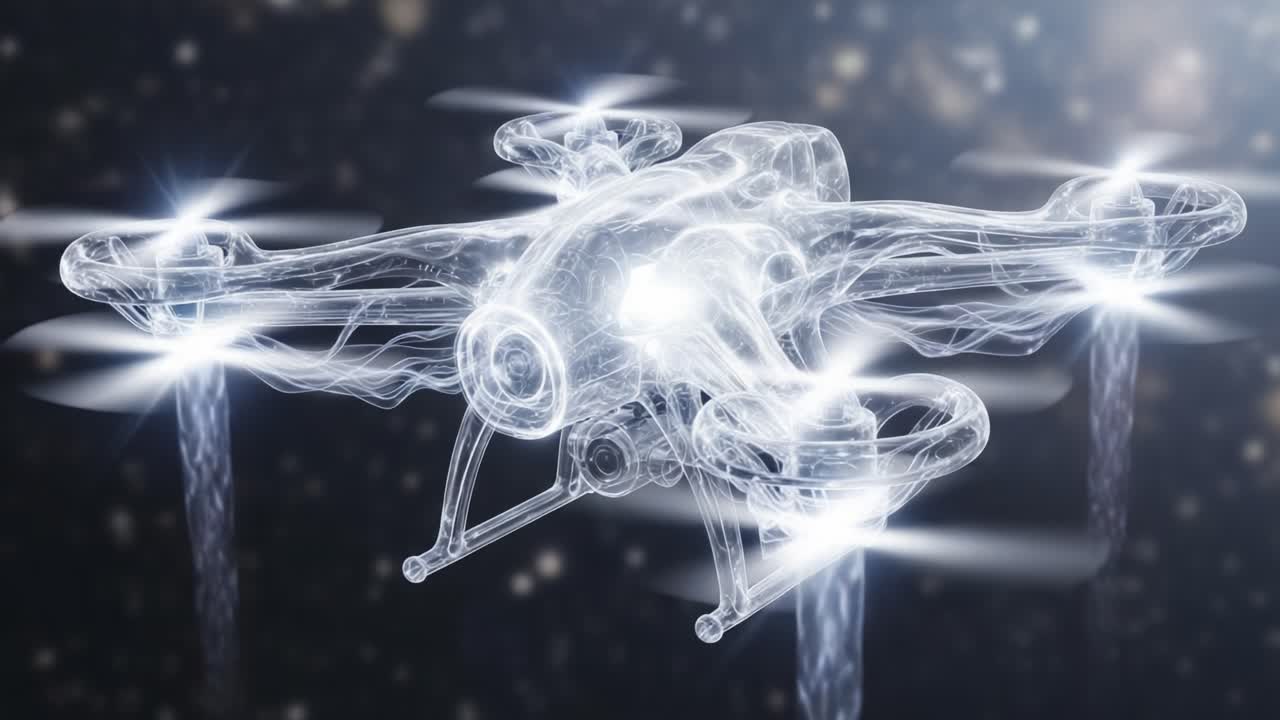 A Spectacular Visualization of a Cutting-Edge Drone Soaring Through Ethereal Space, Showcasing Its Sleek Design and Futuristic Lighting Effects in a Captivating Environment