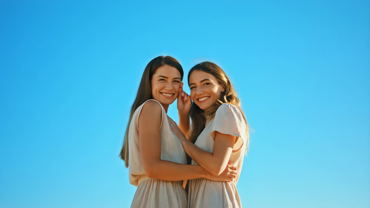 Two sisters hugging under a blue sky