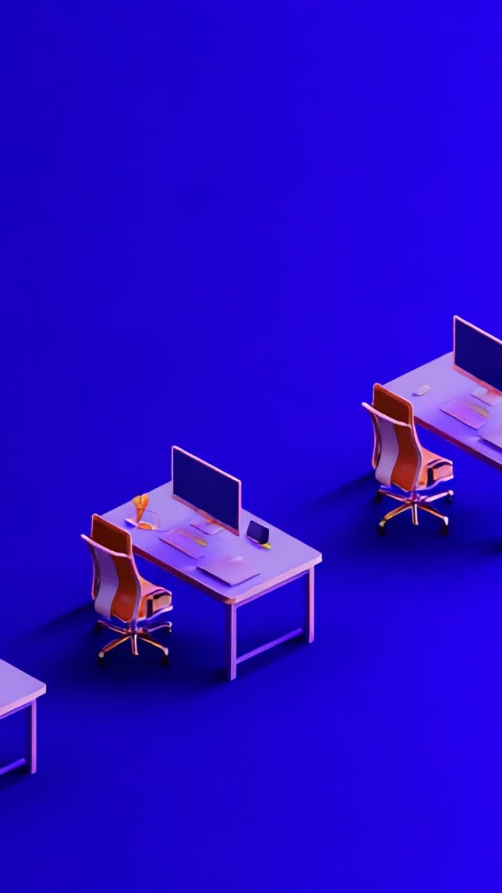 A modern workspace featuring colorful desks and chairs set against a vibrant blue backdrop, illustrating a creative office environment for productivity