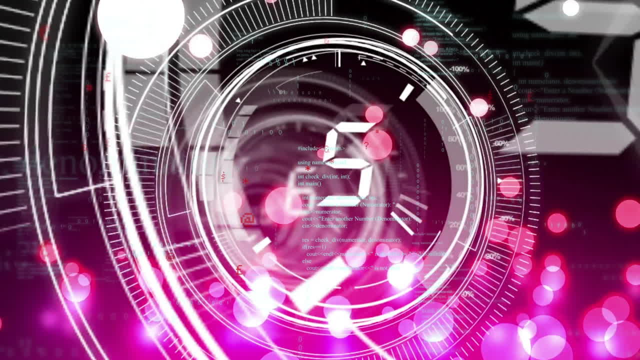 검은색 배경의 밝은 반점 위에 카운트다운과 데이터 처리를 가진 범위 스캔의 애니메이션