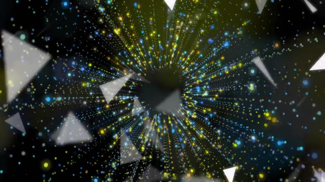 Opening dark void sending yellow and blue points while white triangles swirling in forming tunnel