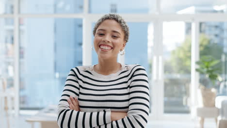 face, woman and creative designer with arms