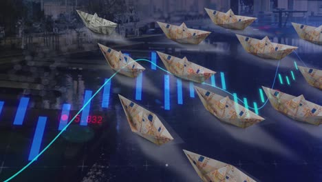 animation of data processing over boats of banknotes