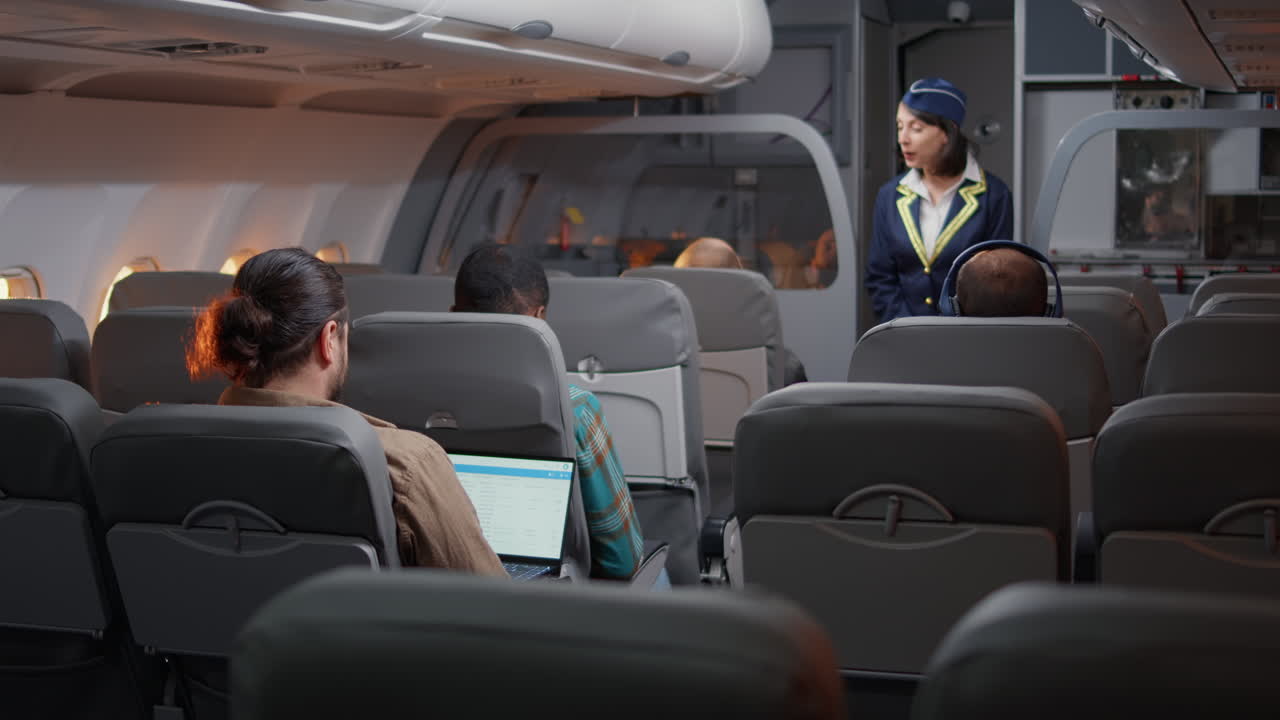 Flight attendant assisting passengers to board on airplane