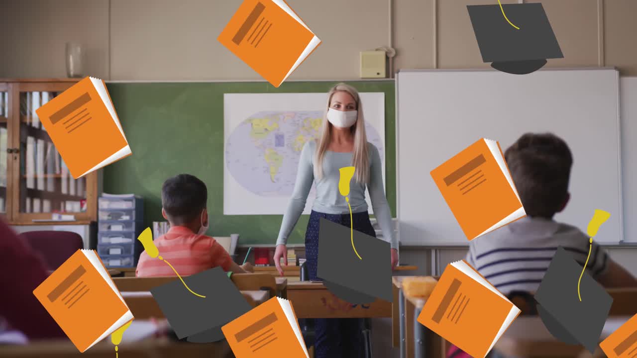 animación de elementos escolares iconos que se mueven sobre los escolares que llevan máscaras faciales