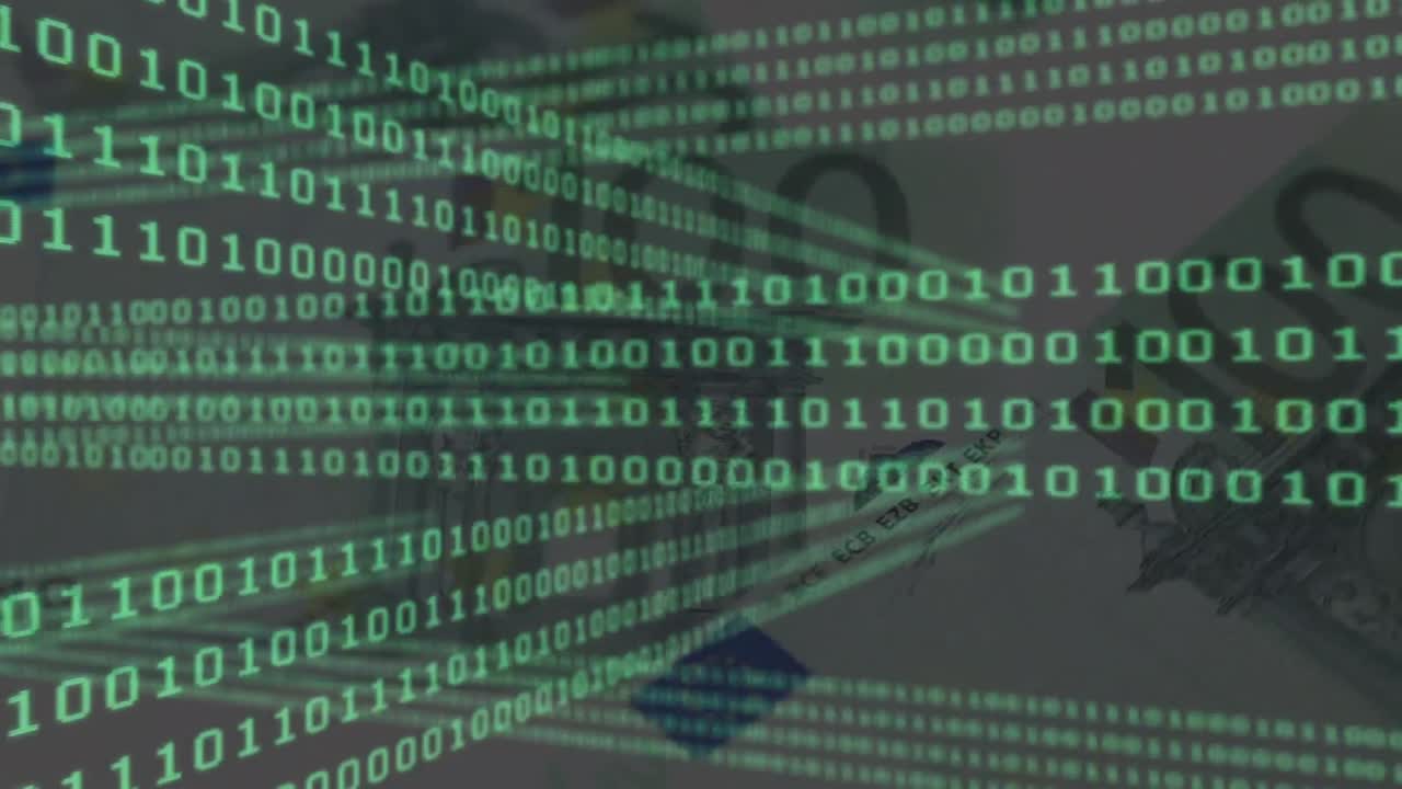 Animation of data processing over euro banknotes