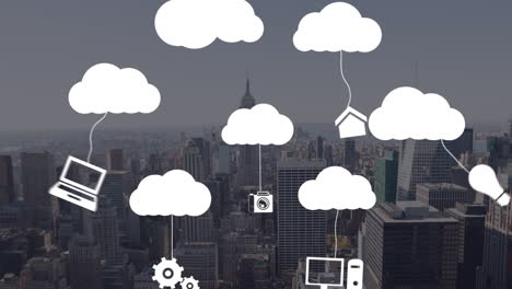 animación de nubes digitales con iconos sobre el paisaje