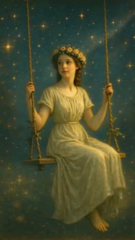 a dreamy, vintage-style video still of a woman on a swing, adorned with a floral crown
