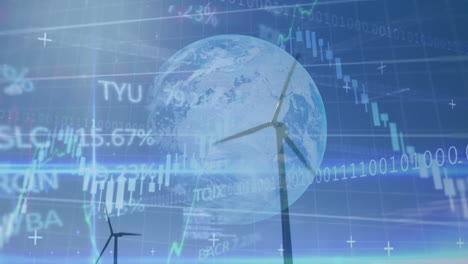 animación del procesamiento de datos financieros y globo sobre turbinas eólicas