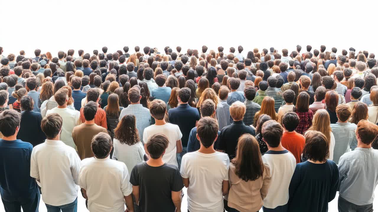 Aerial view of a diverse crowd standing closely, facing forward. The video captures a sense of unity