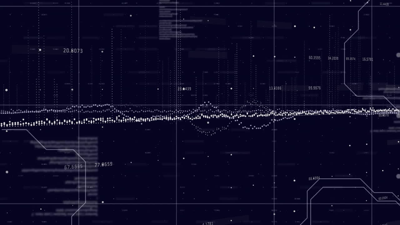 Animation of financial data processing over grid on dark background