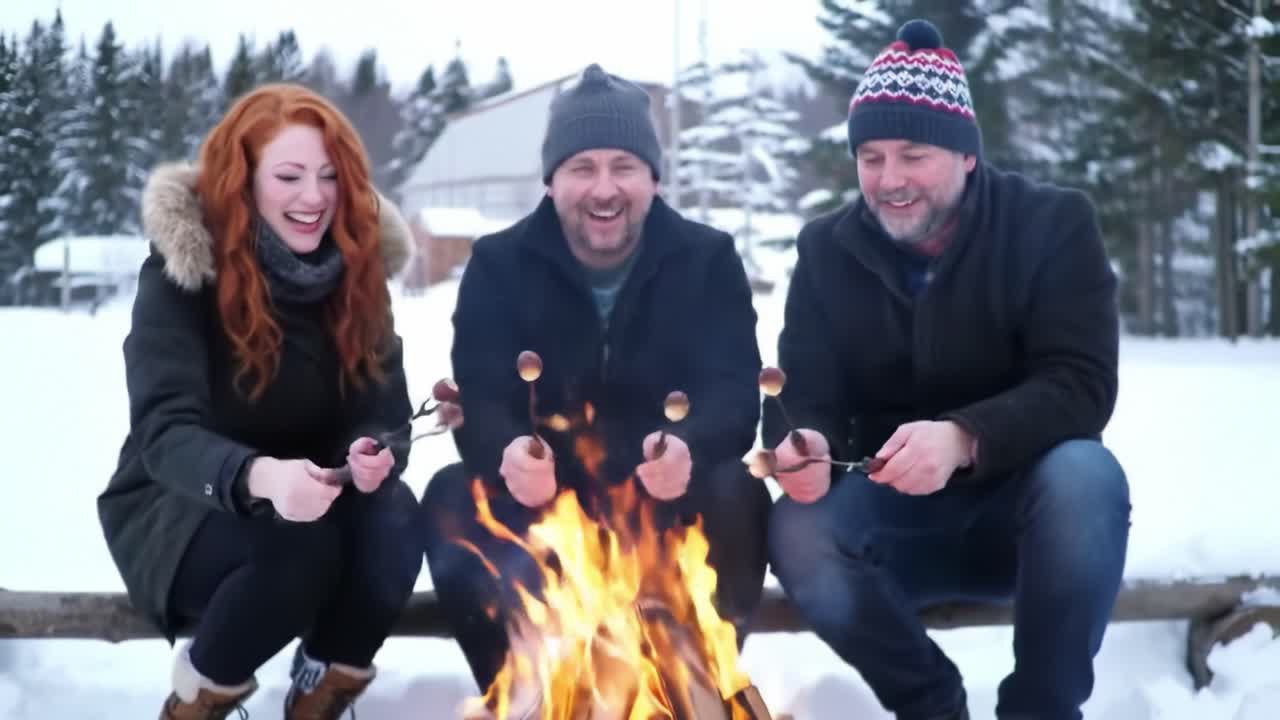 Friends Gather Around Fire in Winter Wonderland, Enjoying Marshmallows and Warmth While Sharing Laughter and Joyful Moments Together in a Beautiful Snowy Landscape