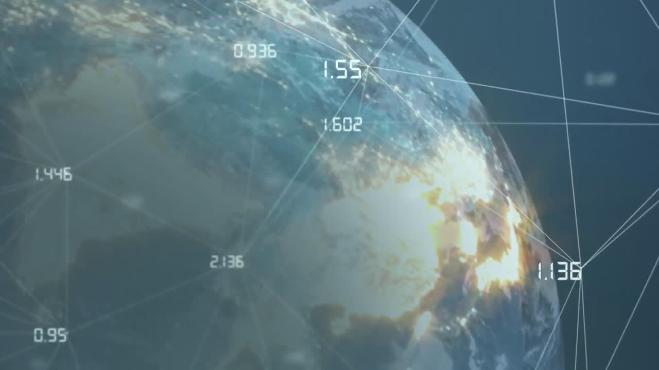 Animation of Earth with data points and network connections for global communication
