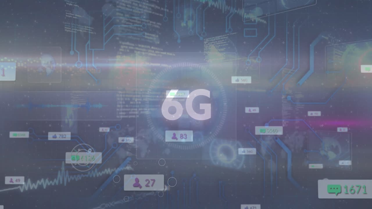Animation of 6g text, online digital icons on banners over cityscape