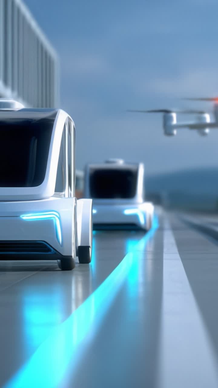 Futuristic Transport Scene Featuring Autonomous Vehicles and Drones on a Sleek Urban Pathway Highlighted by Striking Blue LED Lights in the Background