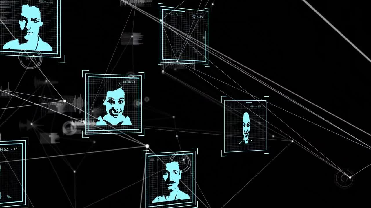 iconos de perfiles múltiples flotando sobre la red de conexiones y procesamiento de datos en fondo negro
