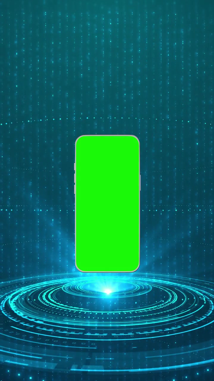 Holographic phone green screen stage cyan circular platform falling data lights and futuristic