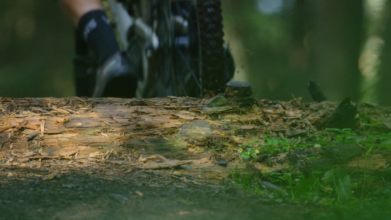 산악 자전거 타는 사람이 쓰러진 나무 위로 슬로우 모션으로 점프합니다.