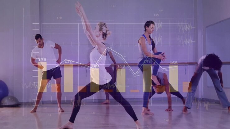 instructor woman stepping into lunge guiding barre class matching stances with overlay bar graphs