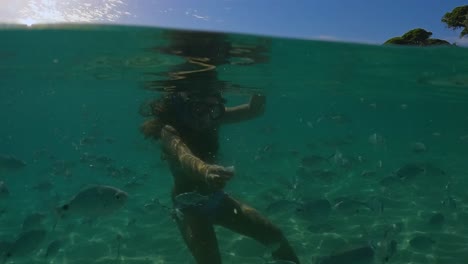 under water footage of a cute little redhead girl with diving mask surrounded by school of fish feeding them with bread