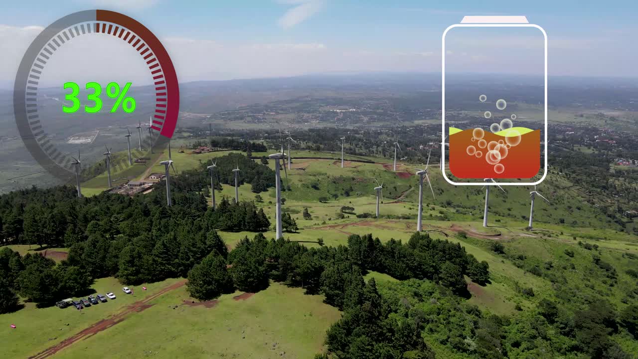 에너지 생산을 위한 강력한 풍력 터빈 농장의 조감도