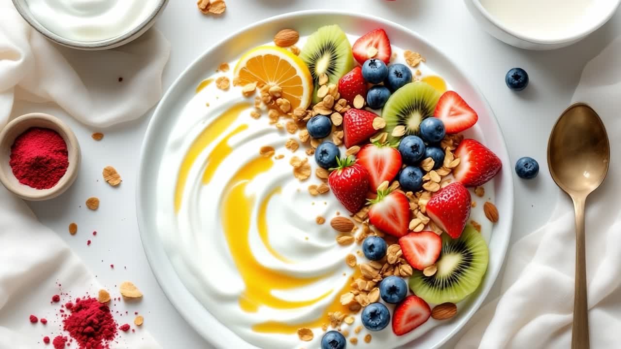 Colorful bowl filled with creamy yogurt topped with fresh strawberries, blueberries, kiwi slices, and granola, drizzled with honey, creating a vibrant and healthy breakfast scene
