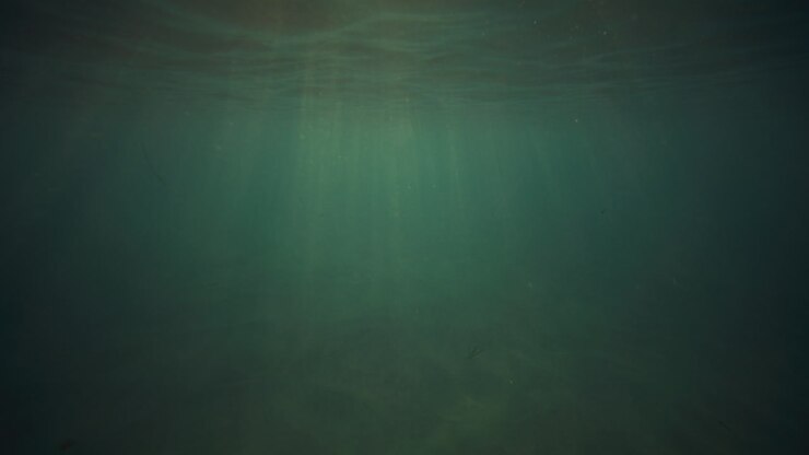 Rays of light sparkle down below water surface with golden glow