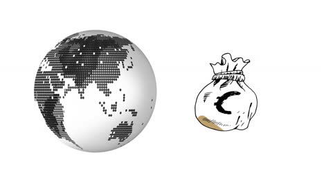 animation of rotating white globe and money bag with euro symbol, on white