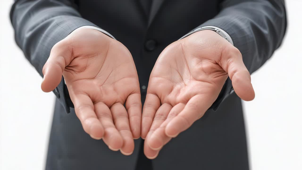 Cradling suited man presenting cyan glow rising above palms, forming orb with waveform at studio