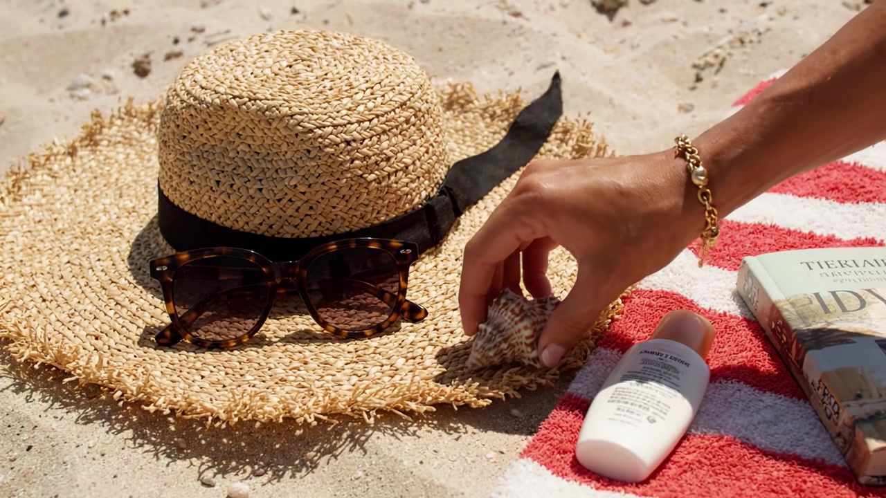 A Relaxing Day at the Beach: Sun Hat, Sunglasses, Towel, and Sunscreen Ready for Enjoyment Under the Sunshine