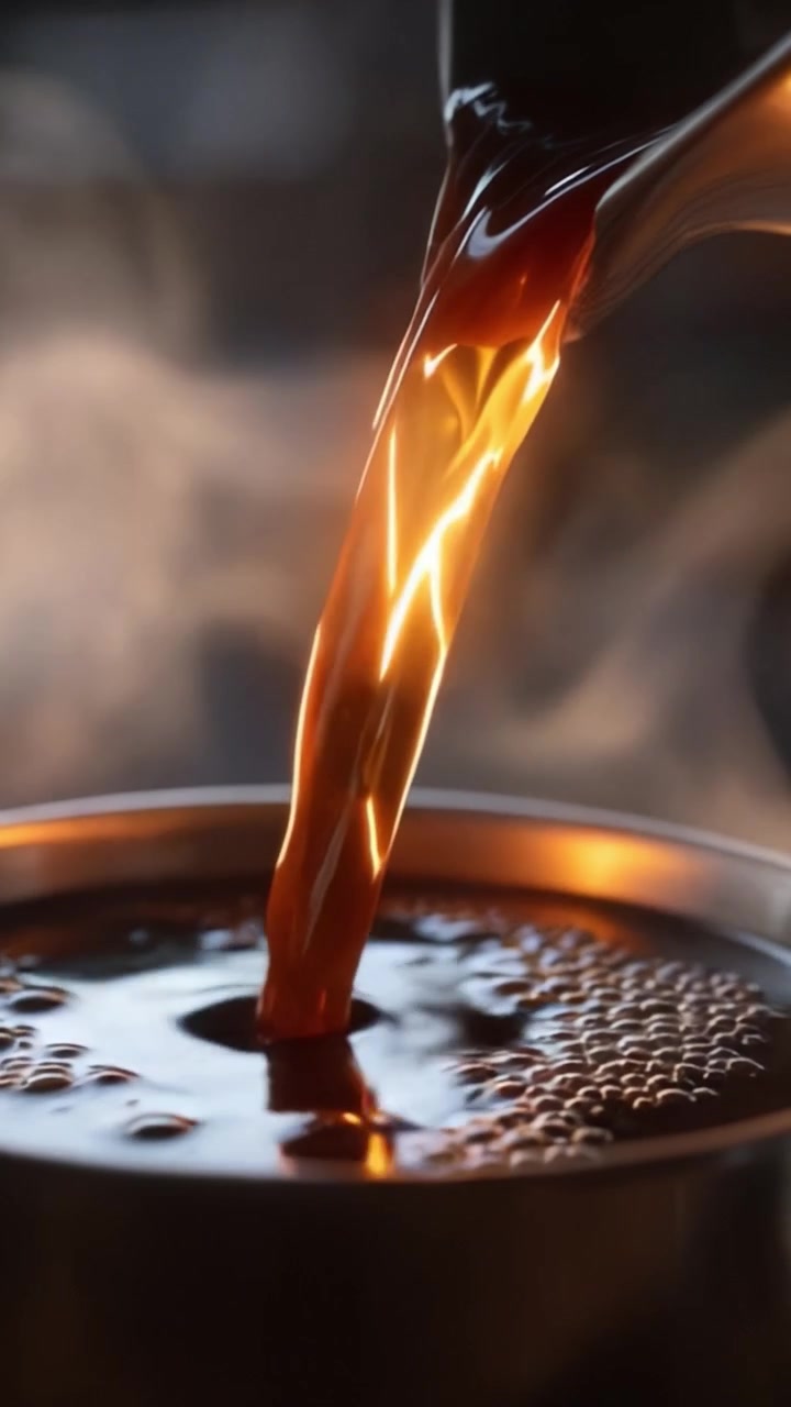 Primo piano accattivante di liquido fumante che si versa in una ciotola, evidenziando il colore ricco e la texture della bevanda tra vortici artistici di vapore.