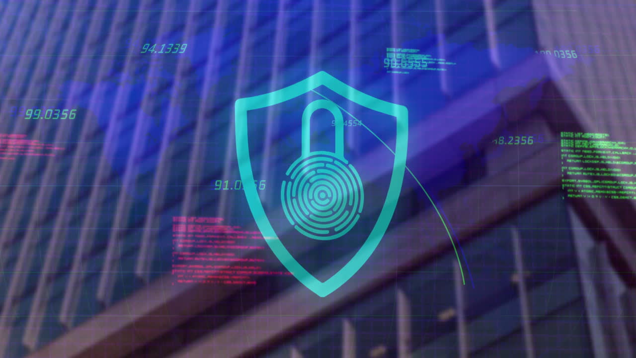 escudo de seguridad digital con animación de bloqueo sobre el fondo del rascacielos