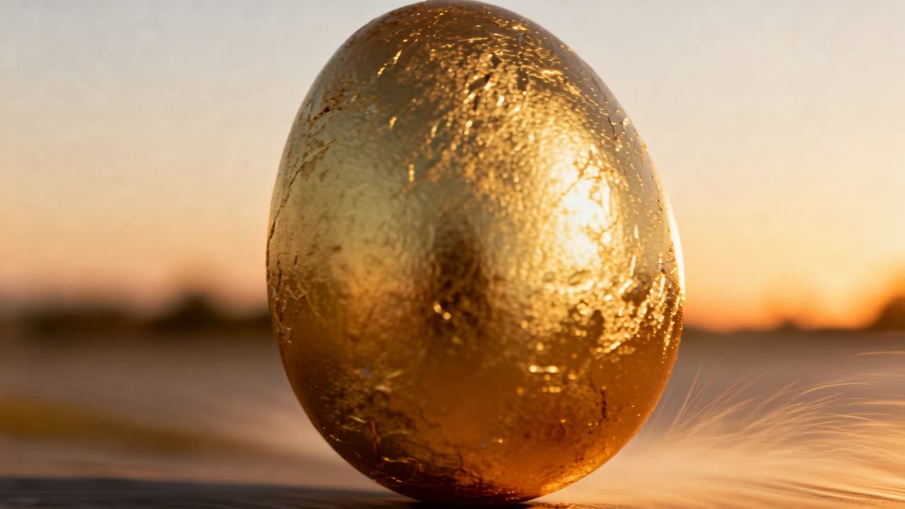 Pulling back camera revealing textured golden egg rocking on plank at sunset, feather drifting