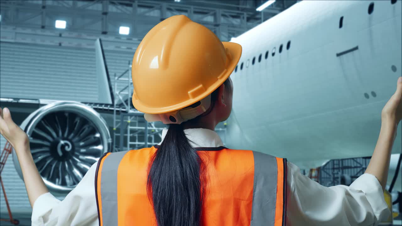 vista posterior cercana de una ingeniera asiática con casco de seguridad extendiendo los brazos mientras está de pie con el avión en el hangar