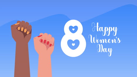 happy womens day lettering animation with number eight and hands fist up