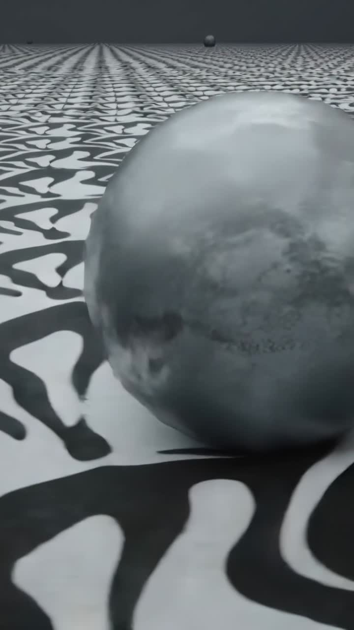 Video verticale: Sfera lucida che rotola verso destra su un pavimento ondulato in bianco e nero, con una panoramica che rivela sfere distanti.