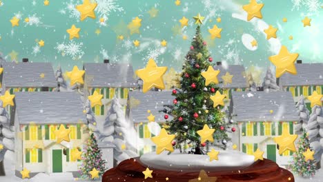 Animation-of-snow-falling-and-stars-over-snow-globe-with-christmas-tree-and-winter-landscape