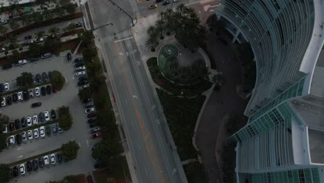 Birds-Eye-Aerial-View-of-Streets-and-Light-Traffic-in-Pompano-Beach,-Florida-USA,-Top-Down-Drone-Shot