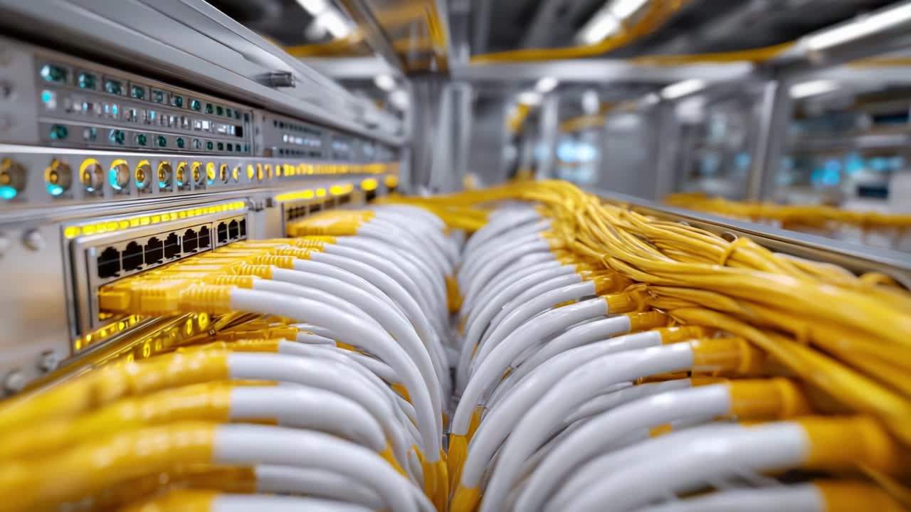 High-Definition Close-Up of Network Server Cables in a Data Center, Showcasing the Intricate Arrangement of Yellow Ethernet Cords and Connection Ports