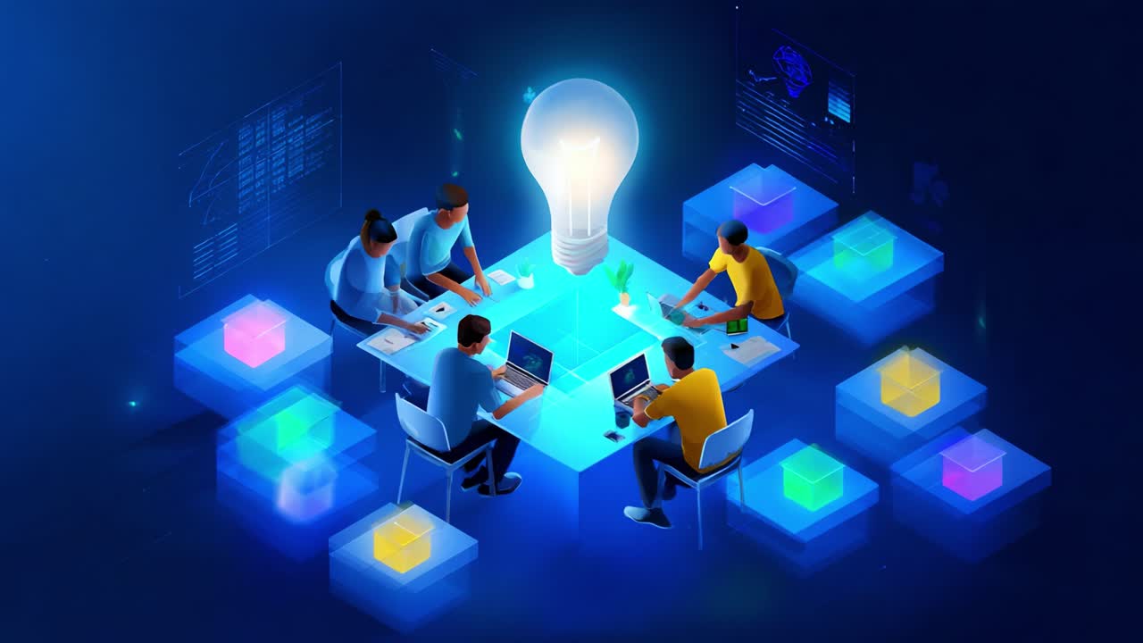 A collaborative brainstorming session featuring diverse individuals engaged in creative problem-solving around a central illuminated idea, showcasing digital tools and innovative thinking