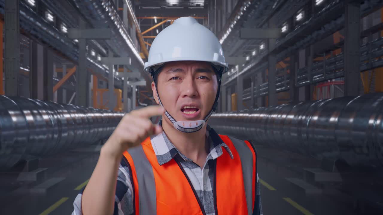 Close Up Of Angry Asian Male Engineer With Safety Helmet Shouting At Someone While Standing With Metal Pipes