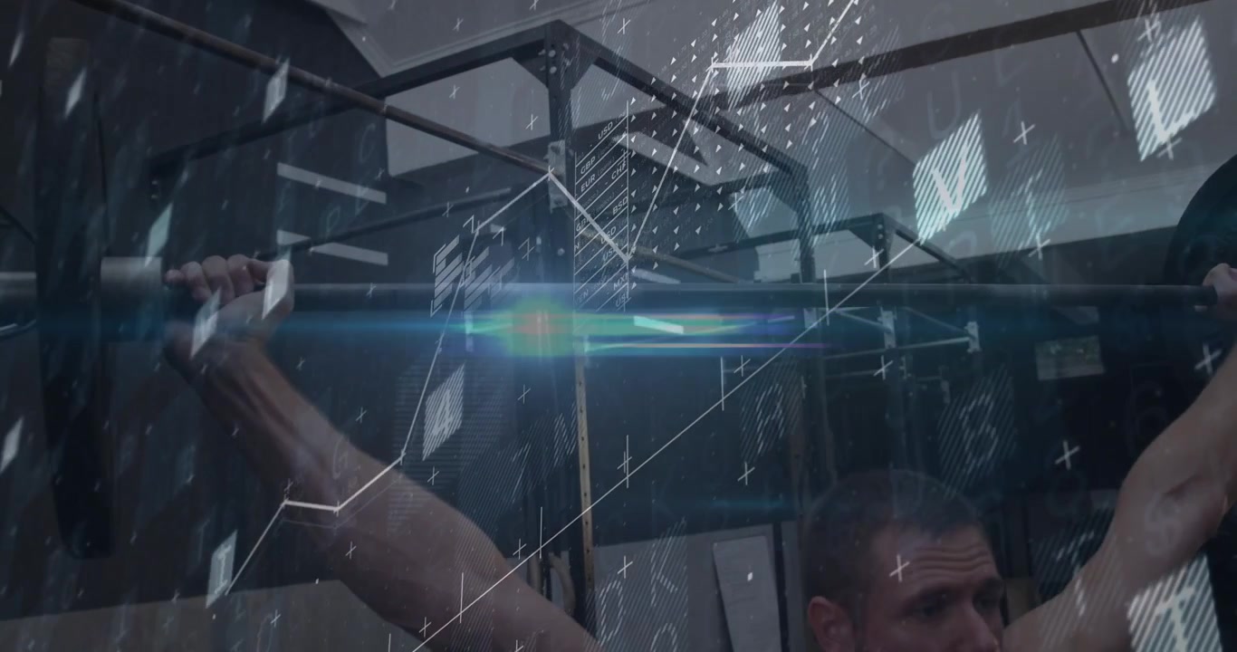 Muscular man gripping barbell and pressing overhead for fitness with animated data graphs pulsing