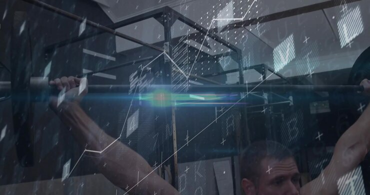Muscular man gripping barbell and pressing overhead for fitness with animated data graphs pulsing