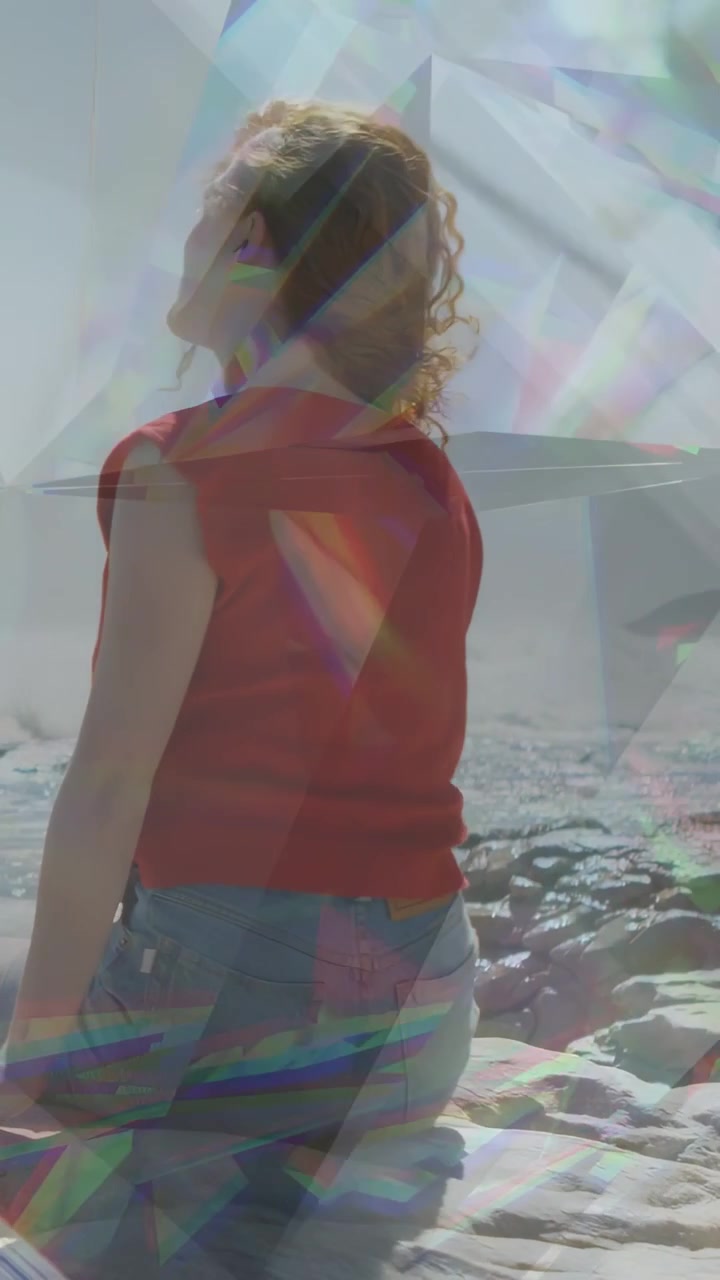 Vertical video: Cam closing, woman sitting up seeking horizon, prism crossing her and mast, travel