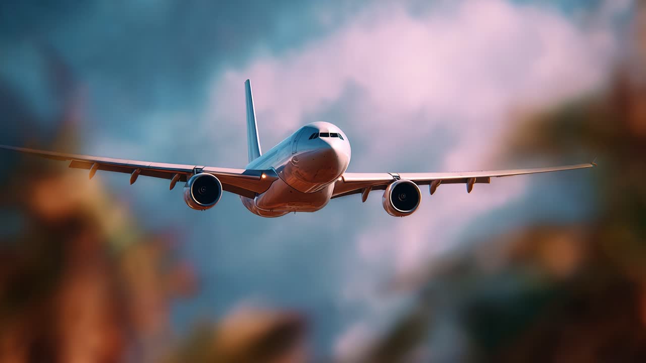Un aereo elegante solca con grazia un cielo vivido, mettendo in mostra il suo design aerodinamico sullo sfondo di nuvole colorate e un fogliame distante.