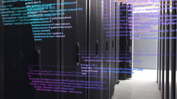 Animation of data processing against empty computer server room