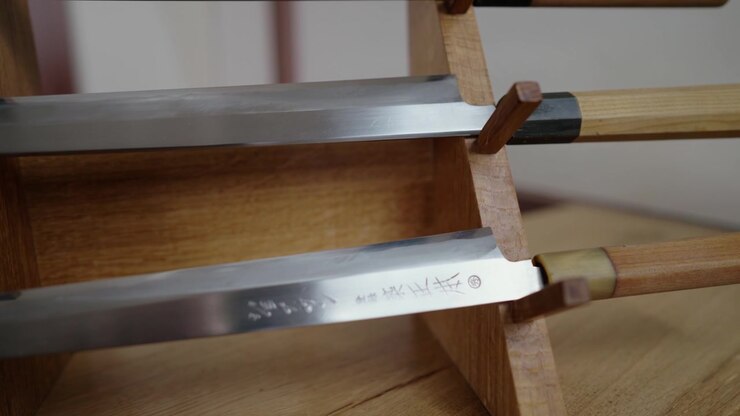Traditional Japanese sushi knife in a restaurant.