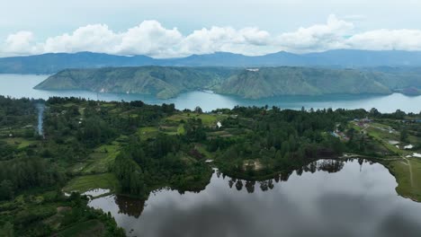 los densos bosques tropicales y la variedad de especies de plantas rodean los lagos de la isla de samosir.